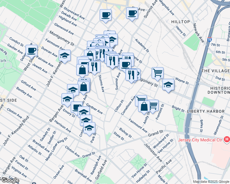 map of restaurants, bars, coffee shops, grocery stores, and more near in Jersey City