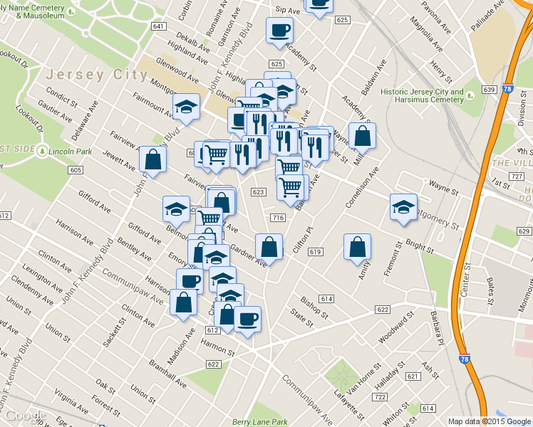 map of restaurants, bars, coffee shops, grocery stores, and more near 20 Howard Place in Jersey City