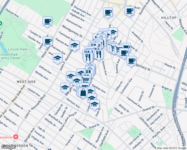 map of restaurants, bars, coffee shops, grocery stores, and more near in Jersey City