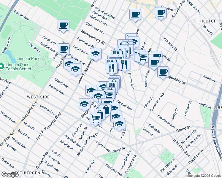 map of restaurants, bars, coffee shops, grocery stores, and more near in Jersey City
