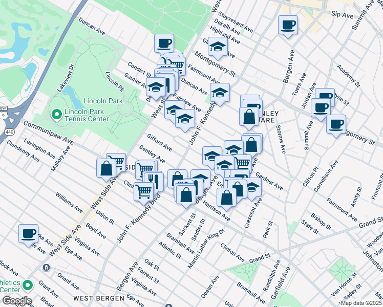 map of restaurants, bars, coffee shops, grocery stores, and more near 9500 Lincoln Park in Jersey City