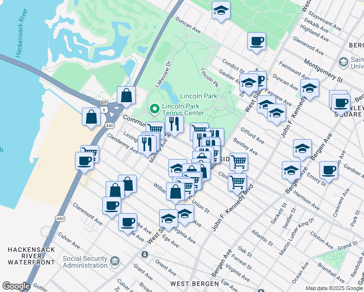 map of restaurants, bars, coffee shops, grocery stores, and more near 891 Communipaw Avenue in Jersey City