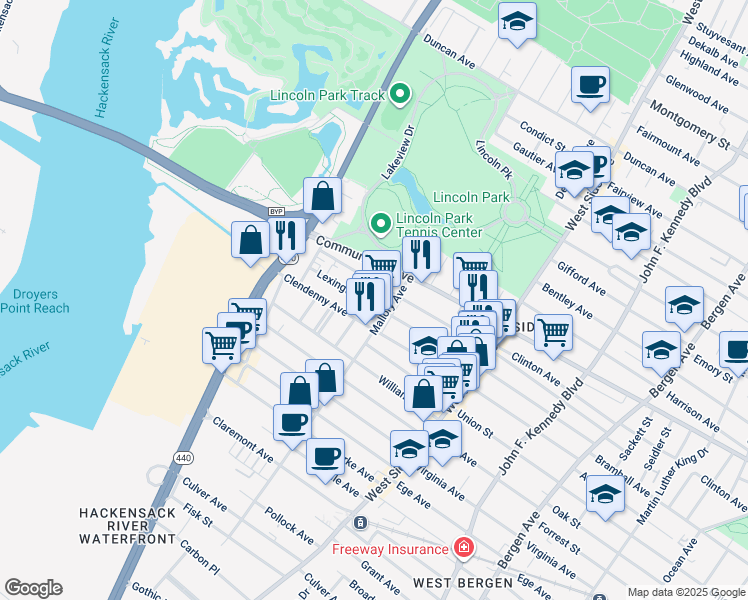 map of restaurants, bars, coffee shops, grocery stores, and more near 223 Mallory Avenue in Jersey City