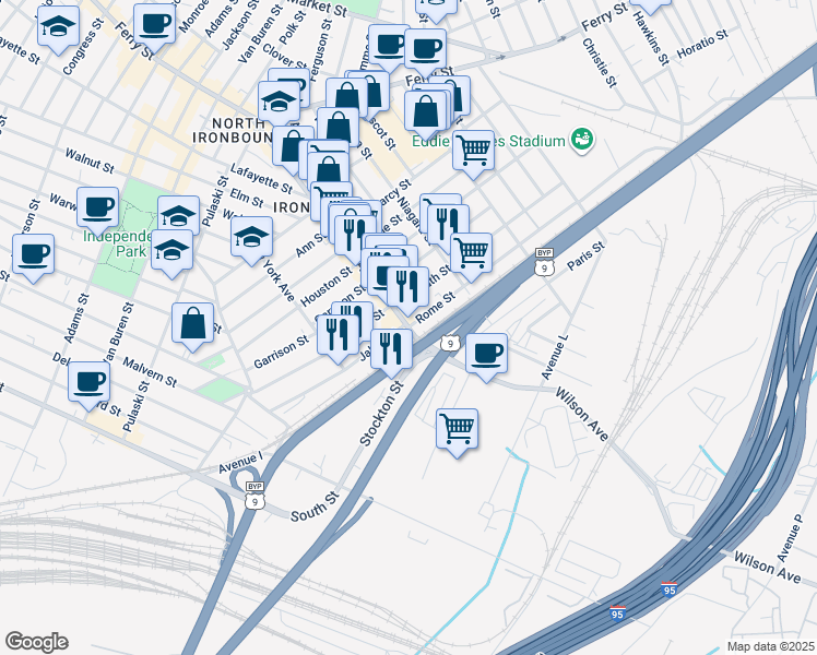 map of restaurants, bars, coffee shops, grocery stores, and more near 195 Wilson Avenue in Newark
