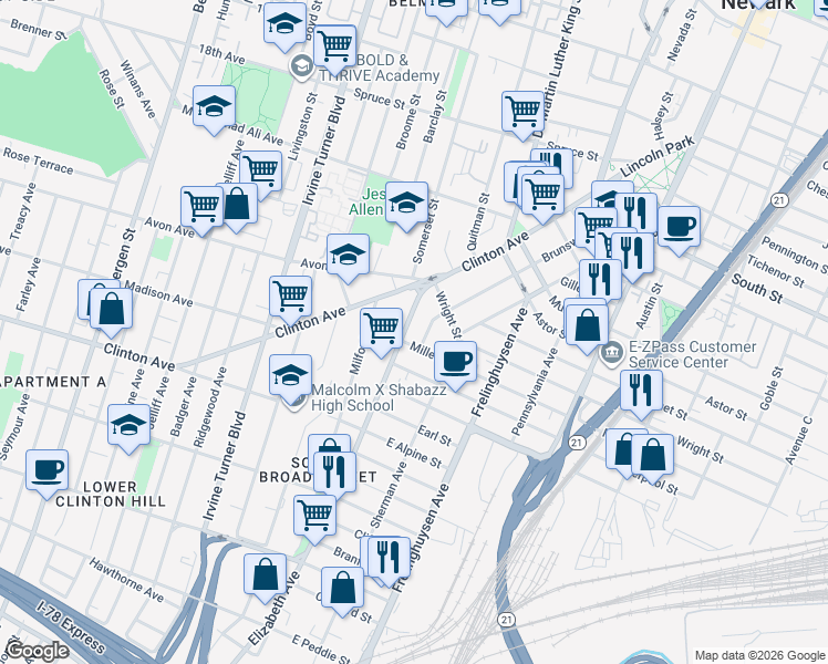 map of restaurants, bars, coffee shops, grocery stores, and more near 37 Elizabeth Avenue in Newark
