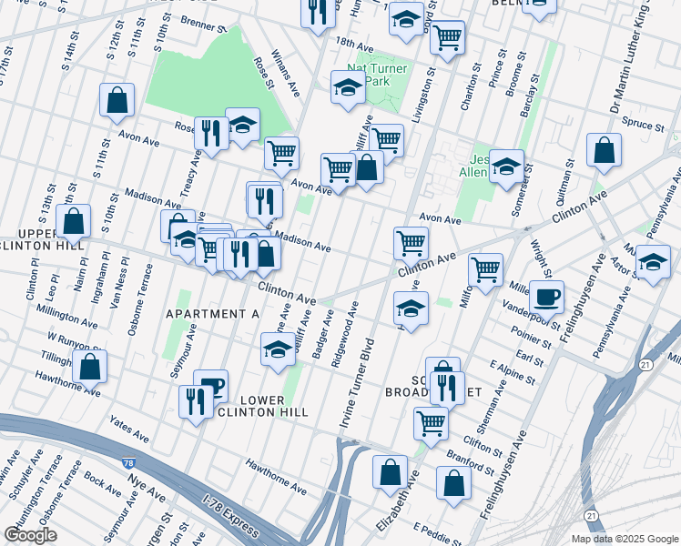 map of restaurants, bars, coffee shops, grocery stores, and more near 153 Badger Avenue in Newark