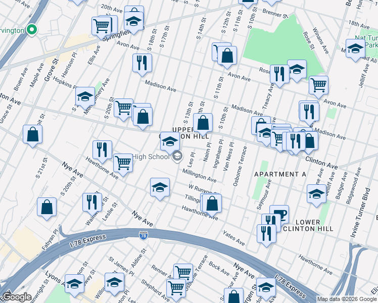 map of restaurants, bars, coffee shops, grocery stores, and more near 32 Vernon Avenue in Newark