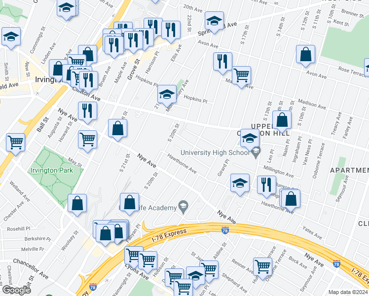 map of restaurants, bars, coffee shops, grocery stores, and more near 60 Beverly Street in Newark