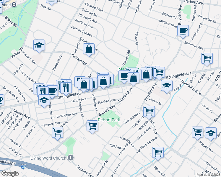 map of restaurants, bars, coffee shops, grocery stores, and more near 1712 Springfield Avenue in Maplewood