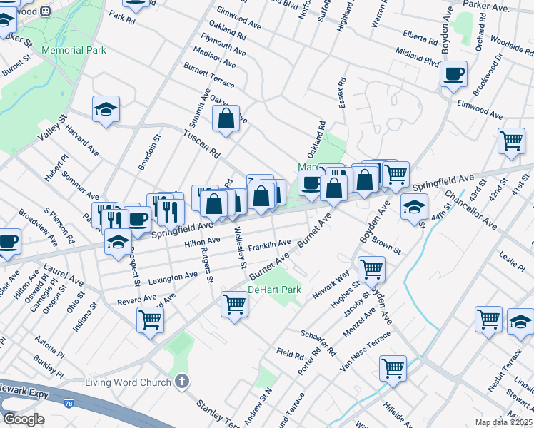 map of restaurants, bars, coffee shops, grocery stores, and more near 1712 Springfield Avenue in Maplewood