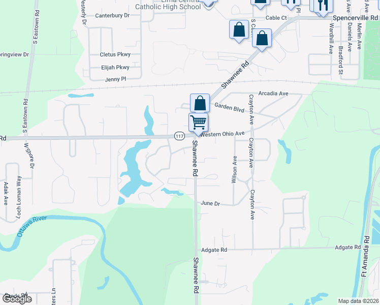 map of restaurants, bars, coffee shops, grocery stores, and more near 1255 Shawnee Road in Lima