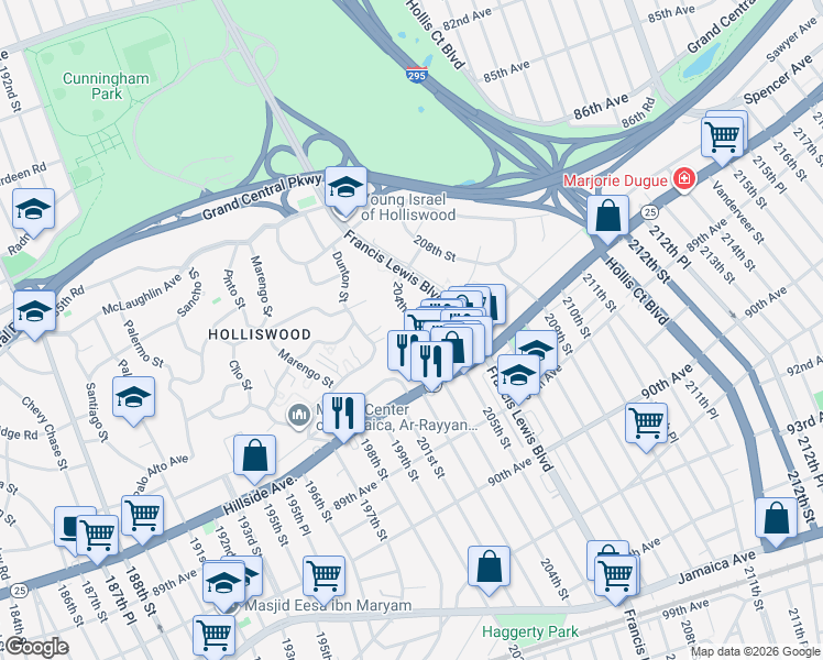 map of restaurants, bars, coffee shops, grocery stores, and more near 87-50 204th Street in Queens
