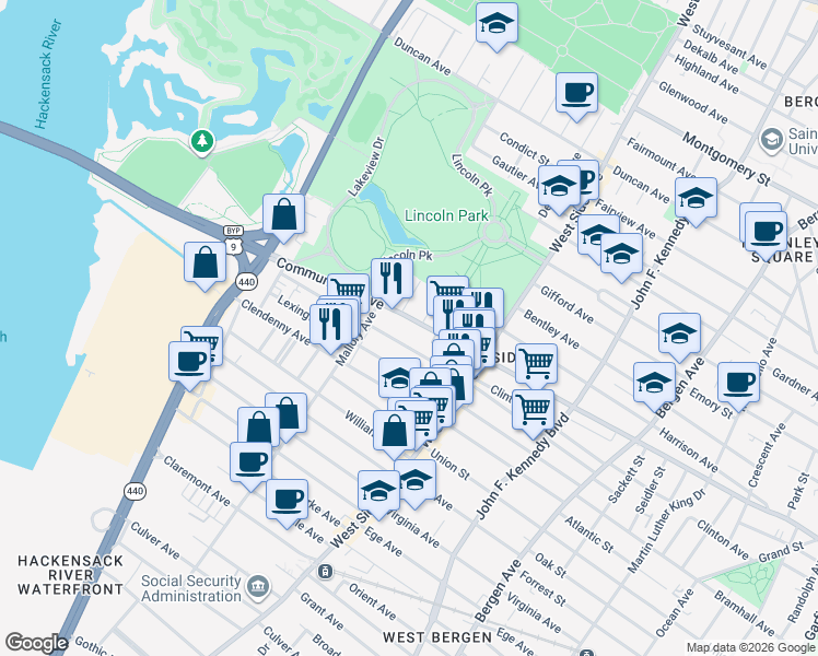 map of restaurants, bars, coffee shops, grocery stores, and more near 873 Communipaw Avenue in Jersey City