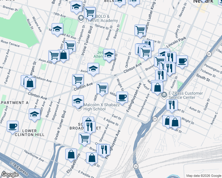 map of restaurants, bars, coffee shops, grocery stores, and more near 37 Elizabeth Avenue in Newark