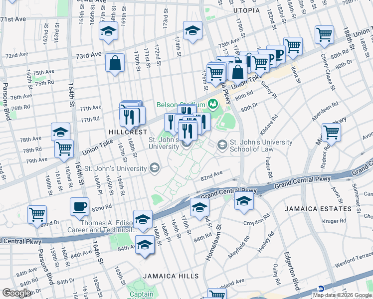 map of restaurants, bars, coffee shops, grocery stores, and more near 80-00 Utopia Parkway in Queens