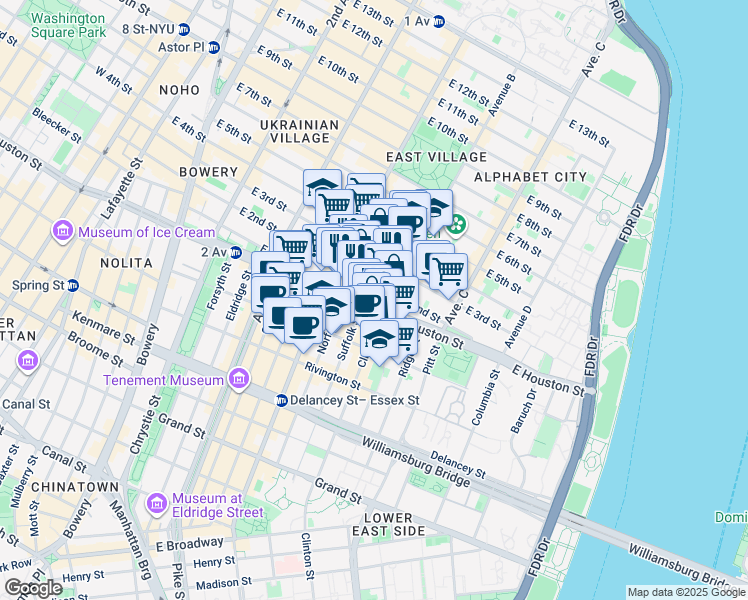 map of restaurants, bars, coffee shops, grocery stores, and more near 250 East Houston Street in New York
