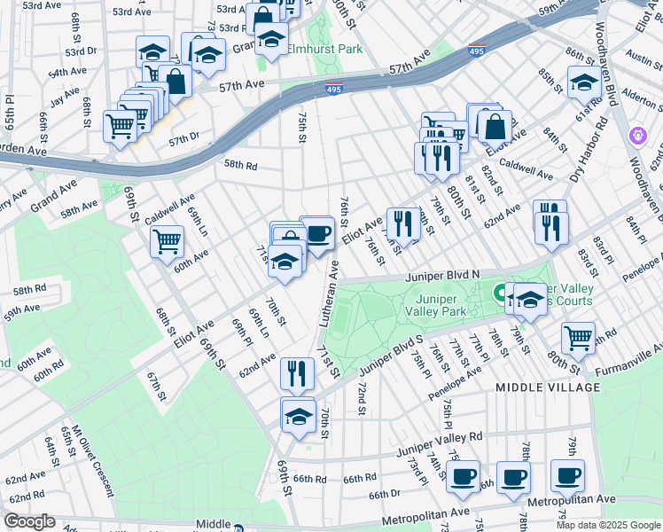 map of restaurants, bars, coffee shops, grocery stores, and more near 61-12 75th Street in Queens