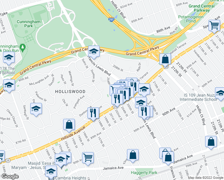 map of restaurants, bars, coffee shops, grocery stores, and more near 87-50 204th Street in Queens