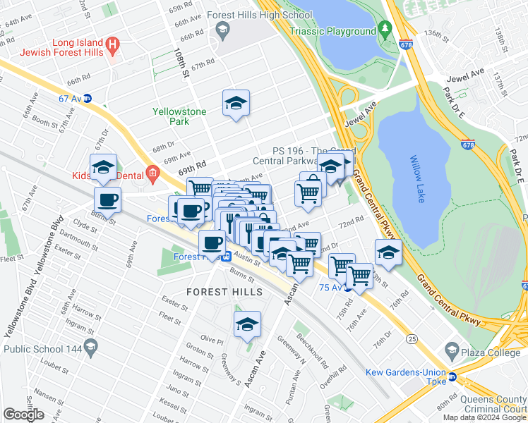 map of restaurants, bars, coffee shops, grocery stores, and more near 108-27 Queens Boulevard in Queens