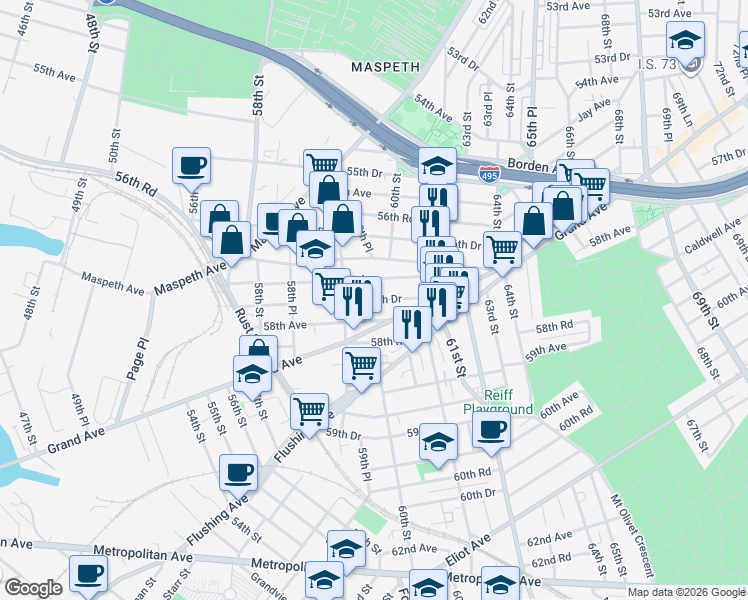 map of restaurants, bars, coffee shops, grocery stores, and more near 59-49 57th Drive in Queens