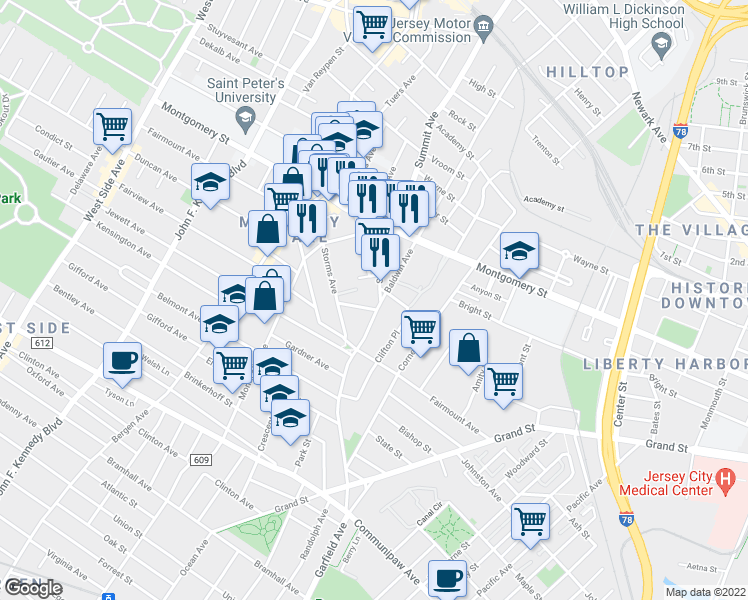 map of restaurants, bars, coffee shops, grocery stores, and more near in Jersey City