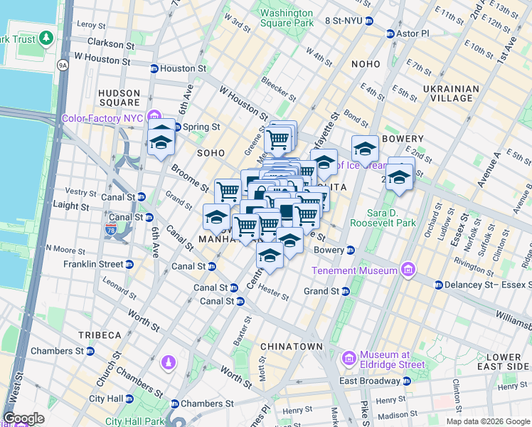 map of restaurants, bars, coffee shops, grocery stores, and more near 45 Crosby Street in New York