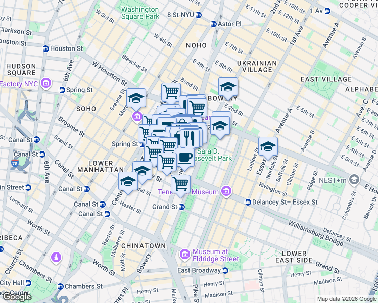 map of restaurants, bars, coffee shops, grocery stores, and more near 220 Bowery in New York