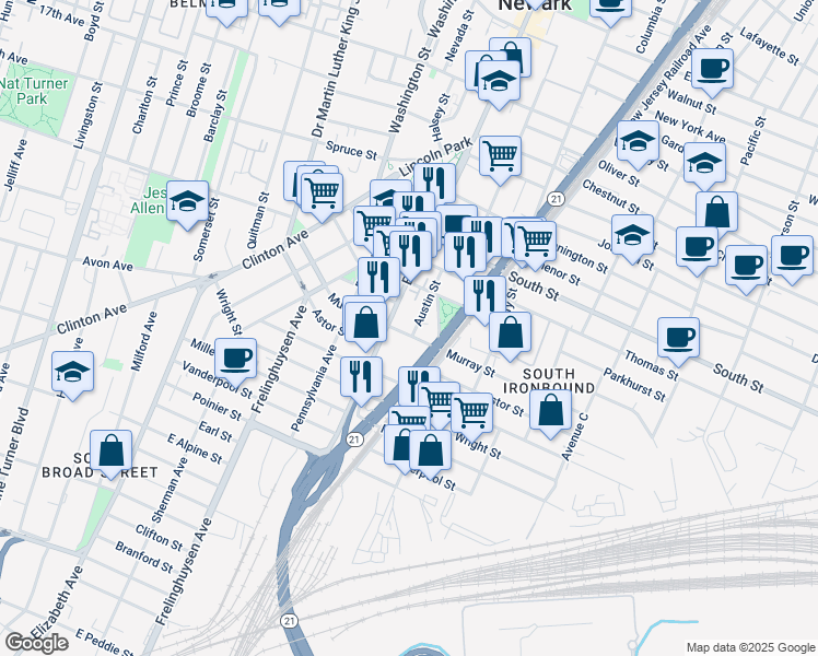 map of restaurants, bars, coffee shops, grocery stores, and more near 98-104 Murray Street in Newark