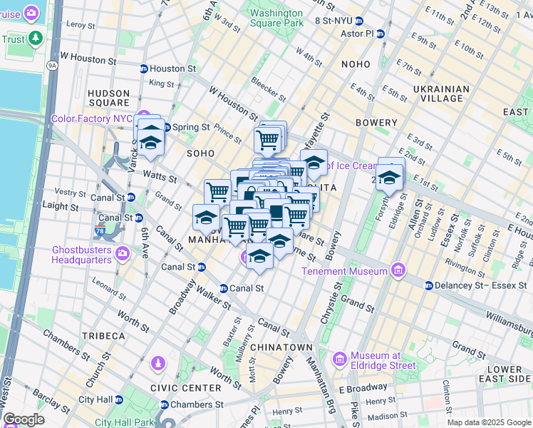 map of restaurants, bars, coffee shops, grocery stores, and more near 216 Lafayette Street in New York