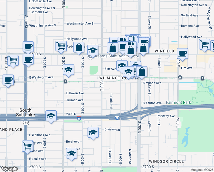 map of restaurants, bars, coffee shops, grocery stores, and more near 2233 South 500 East in South Salt Lake