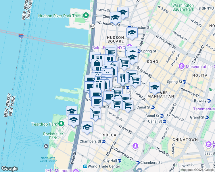 map of restaurants, bars, coffee shops, grocery stores, and more near 161 Hudson Street in New York
