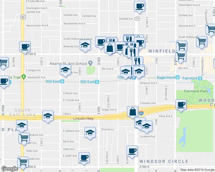map of restaurants, bars, coffee shops, grocery stores, and more near 2233 500 East in Salt Lake City