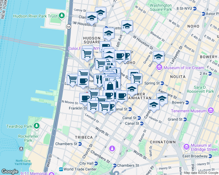 map of restaurants, bars, coffee shops, grocery stores, and more near 27-31 Grand Street in New York