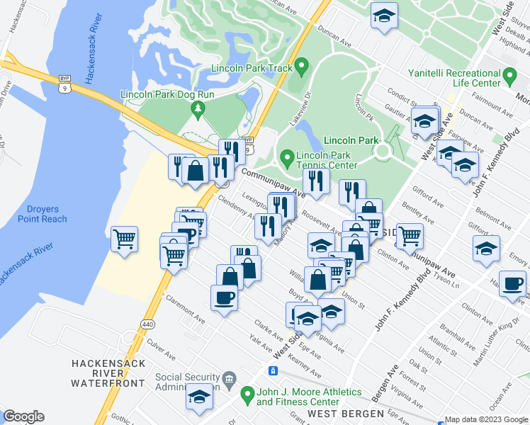 map of restaurants, bars, coffee shops, grocery stores, and more near 255 Lexington Avenue in Jersey City