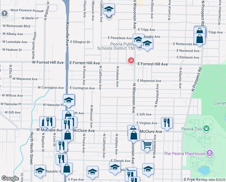 map of restaurants, bars, coffee shops, grocery stores, and more near 600 East Corrington Avenue in Peoria