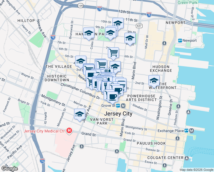 map of restaurants, bars, coffee shops, grocery stores, and more near 241 1st Street in Jersey City