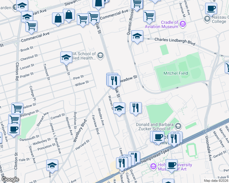map of restaurants, bars, coffee shops, grocery stores, and more near 315 Oak Street in Uniondale