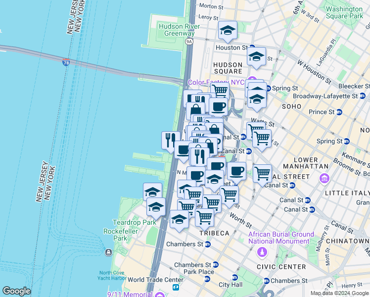 map of restaurants, bars, coffee shops, grocery stores, and more near in New York
