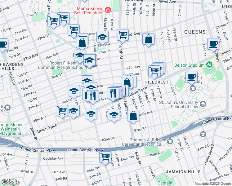 map of restaurants, bars, coffee shops, grocery stores, and more near 162-02 78th Road in Queens