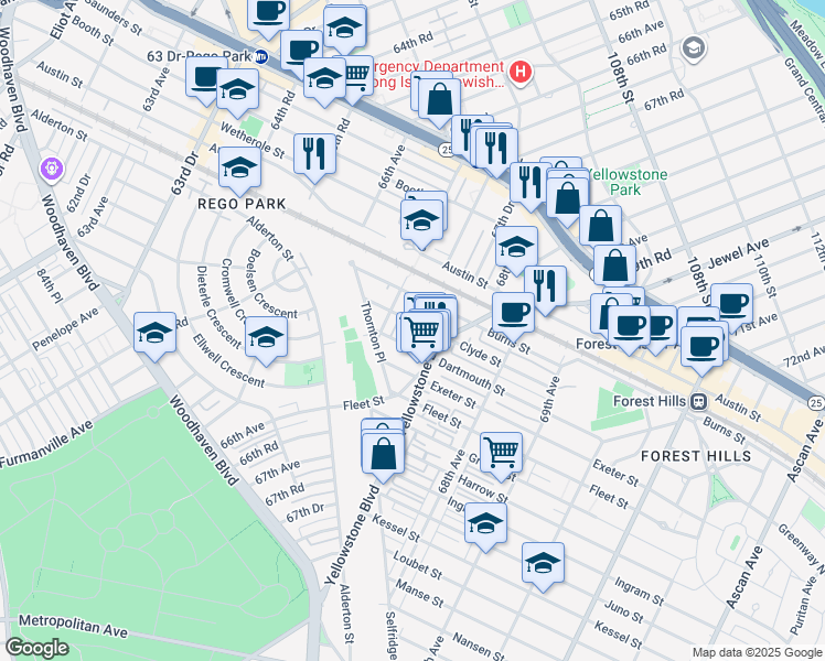 map of restaurants, bars, coffee shops, grocery stores, and more near 67-30 Clyde Street in Queens