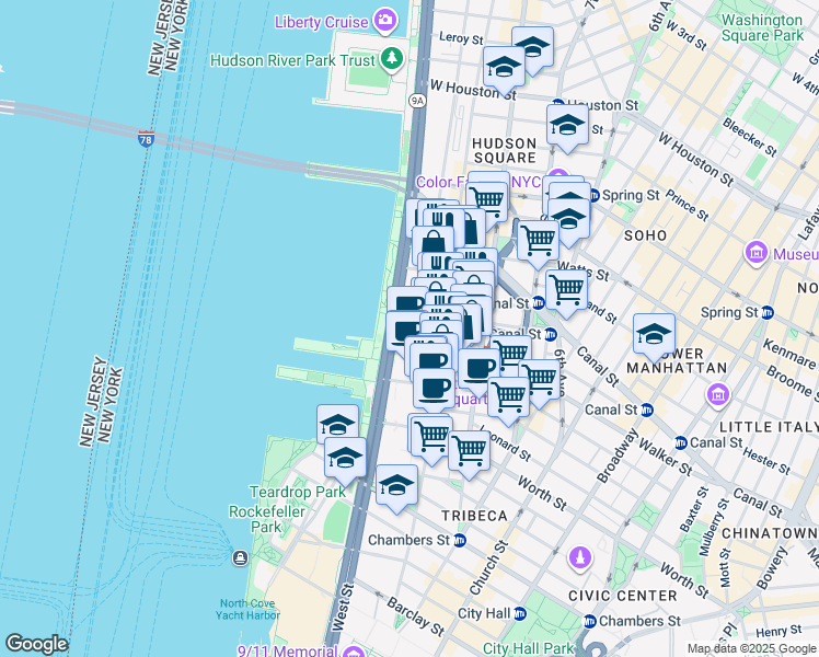 map of restaurants, bars, coffee shops, grocery stores, and more near 250 West Street in New York