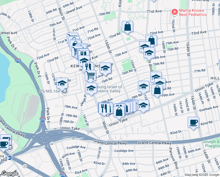 map of restaurants, bars, coffee shops, grocery stores, and more near 147-10 77th Avenue in Queens