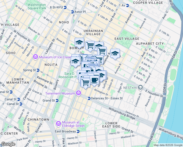 map of restaurants, bars, coffee shops, grocery stores, and more near 179 Ludlow Street in New York