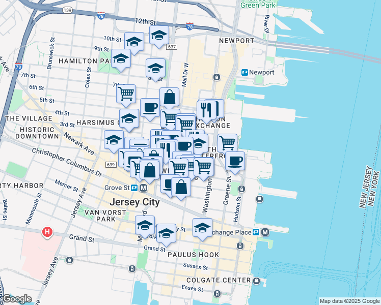 map of restaurants, bars, coffee shops, grocery stores, and more near 133 2nd Street in Jersey City