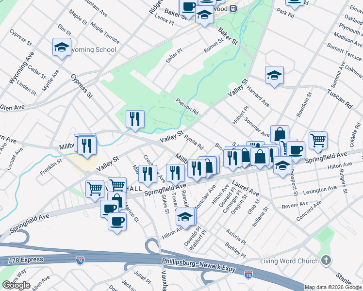 map of restaurants, bars, coffee shops, grocery stores, and more near 9 Melman Terrace in Maplewood
