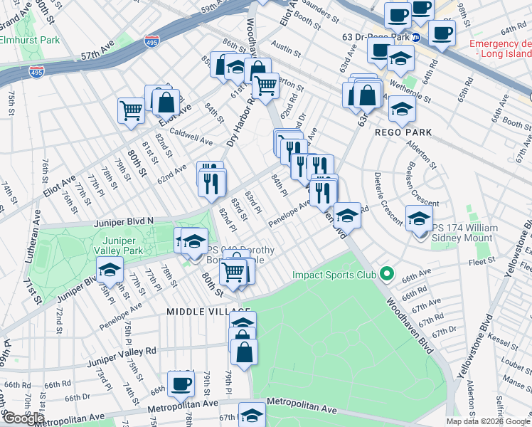 map of restaurants, bars, coffee shops, grocery stores, and more near 63-52 84th Street in Queens