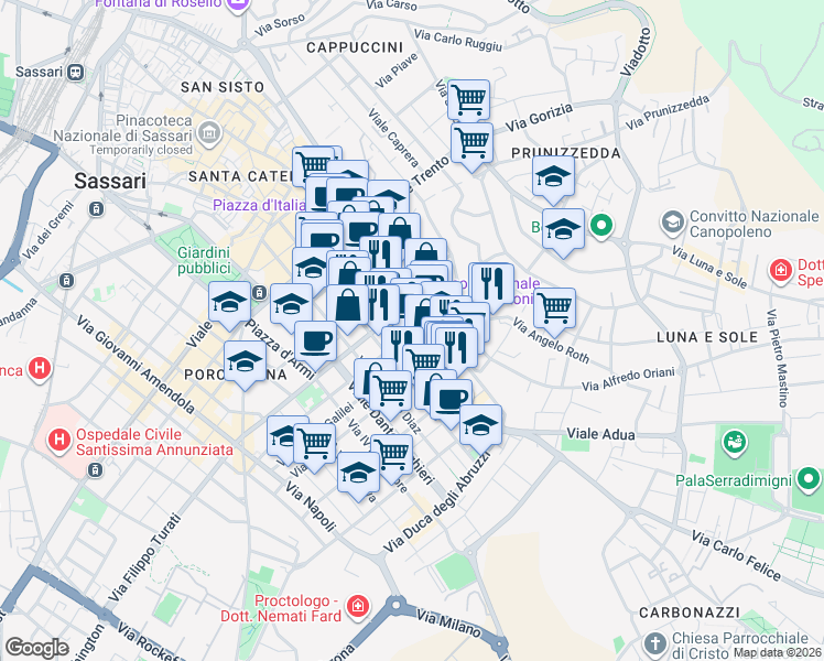 map of restaurants, bars, coffee shops, grocery stores, and more near 6 Via Alghero in Sassari