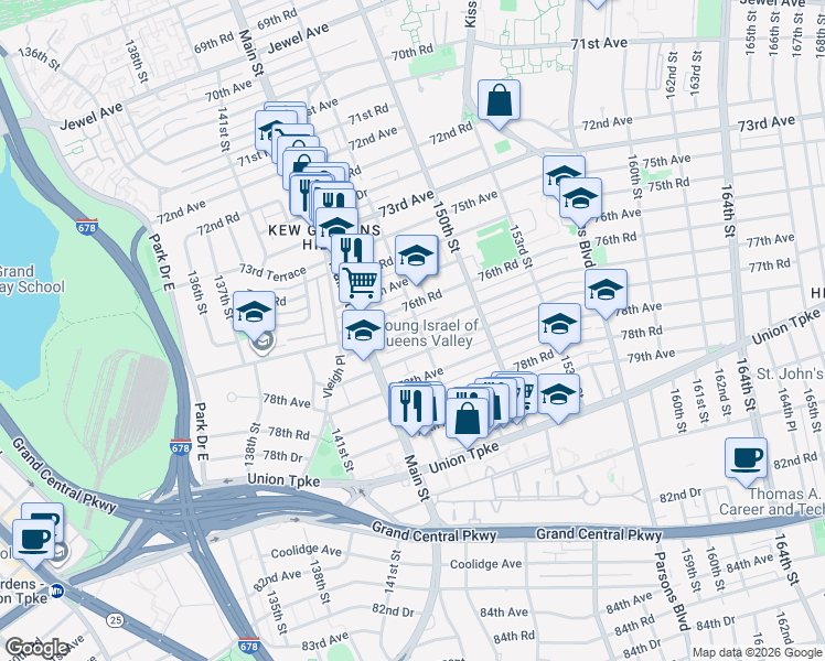 map of restaurants, bars, coffee shops, grocery stores, and more near 144-33 77th Avenue in Queens