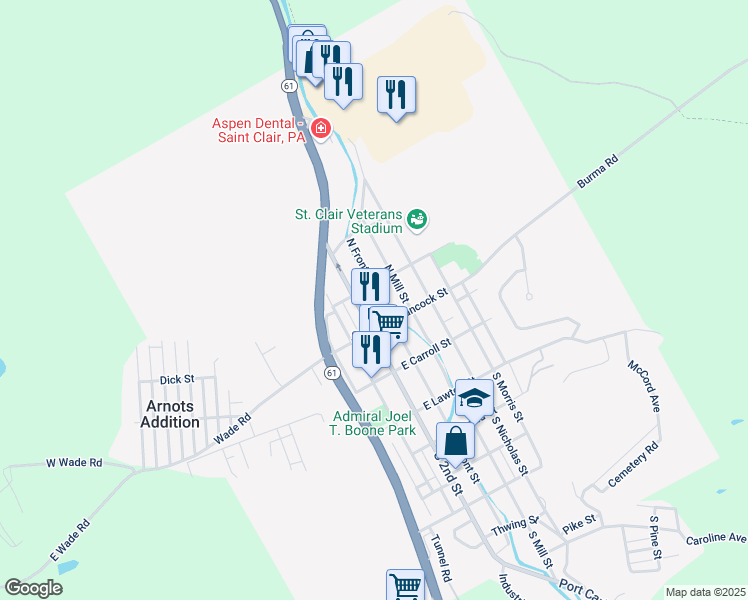 map of restaurants, bars, coffee shops, grocery stores, and more near 135 North 2nd Street in Saint Clair