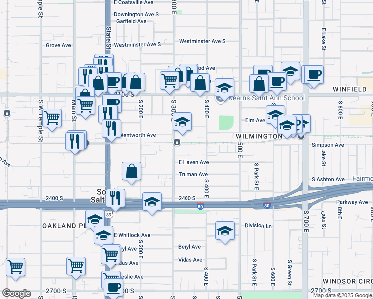 map of restaurants, bars, coffee shops, grocery stores, and more near 2255 South 300 East in South Salt Lake
